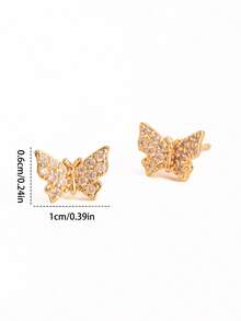 1 Pair Gold Plated Copper Butterfly Stud Earrings With Cubic Zirconia Inlay Elegant Minimalist Ear Jewelry For Women Girls Daily Wear Party Gift (Note: Due To Different Production Batches, There May Be Some Color Difference; In Addition, Due To The Influence Of Light And Shooting Angle, There May Be A Slight Color Difference Between The Actual Product And The Image.) - Multicolor - View 5