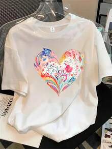 Top de mujer de manga corta y cuello redondo con estampado floral y de corazones con hojas, apto para todas las estaciones. - Blanco - Ver 1