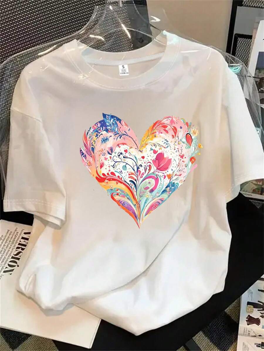 Top de mujer de manga corta y cuello redondo con estampado floral y de corazones con hojas, apto para todas las estaciones. - Blanco - Ver 1
