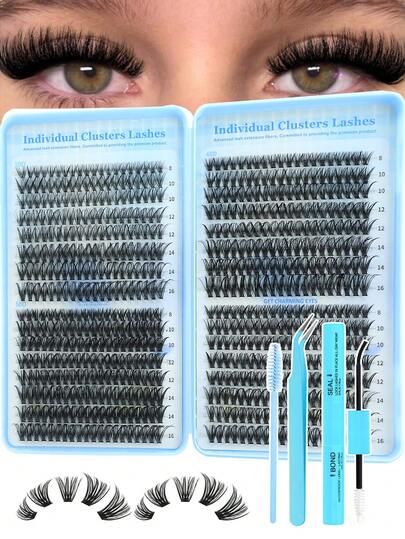 640pcs Single Eyelash Clusters, Fluffy Dense D-Curl DIY Eyelash Extensions, 8-16mm Mixed Length Design, Suitable For Various Makeup Looks, Enlarging Eyes Set Includes Eyelash Glue, Tweezers, Lightweight Reusable Eyelashes, High Cost-Performance, Suitable For Beginners, Can Be Used For Daily, Party And Other Occasions