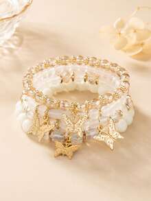 4 piezas Pulseras de estilo bohemio para niñas con cuentas de perlas multicapa y mariposas, juego de pulseras elásticas para uso diario - Multicolor - Ver 1
