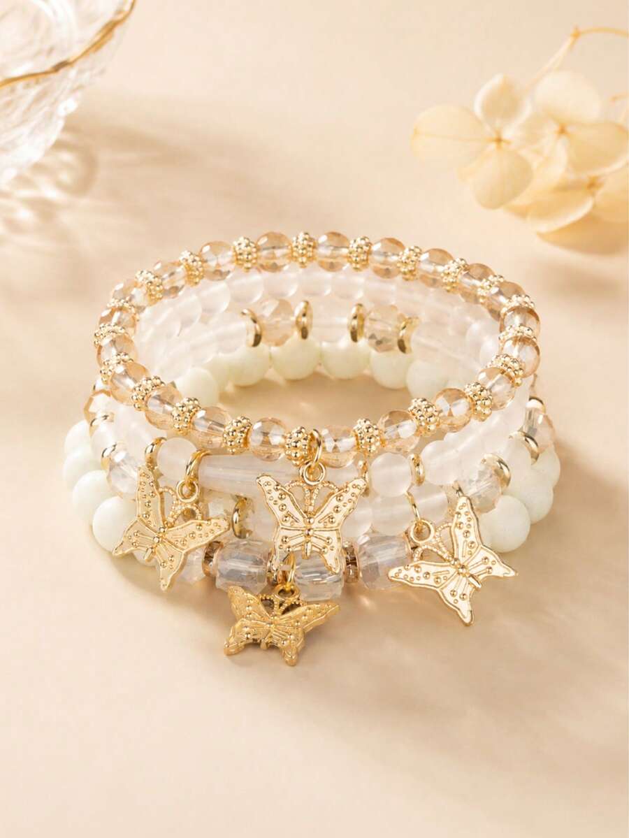 4 piezas Pulseras de estilo bohemio para niñas con cuentas de perlas multicapa y mariposas, juego de pulseras elásticas para uso diario - Multicolor - Ver 1