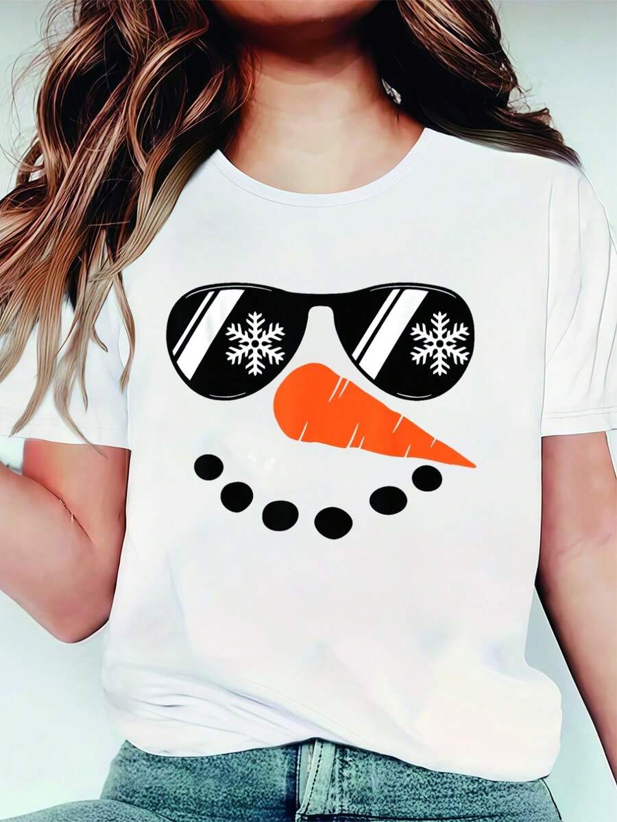 Camiseta de manga corta con cuello redondo y estampado de muñeco de nieve y copo de nieve blanco, que presenta una cara de muñeco de nieve sonriente con gafas de montura negra y sombrero blanco, corte holgado en forma de H, adecuada para usar en Navidad, en capas o sola, lavable a máquina. - Blanco - Ver 1