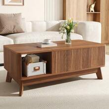 Coffee Table With Lifting Mechanism, Wavy Design, Open Side Compartment, MDF Material, Modern Style - Brown - View 6