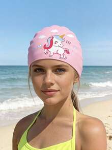 1pc Girls Unicorn Silicone Swim Cap Waterproof Universal Swim Cap Suitable For Long And Short Hair, Back To School, First Day Of School - Pink - View 6