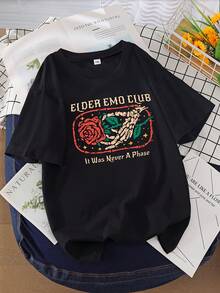 Minimalist.100% Cotton.1paPlus Big Black T-Shirt With Letter Print - Short Sleeve, Round Neck, Top With "Elder Emo Club" Graphics And "It Was Never A Phase," Washable Elastic Fabric In Washing Machine For Comfort In All Seasons, Women's T-Shirt, Dress, T-Shirt With Print, Easy To Clean, T-Shirt For Those Looking ForComfort.Top Spring Summer - 黑色 - 查看 1