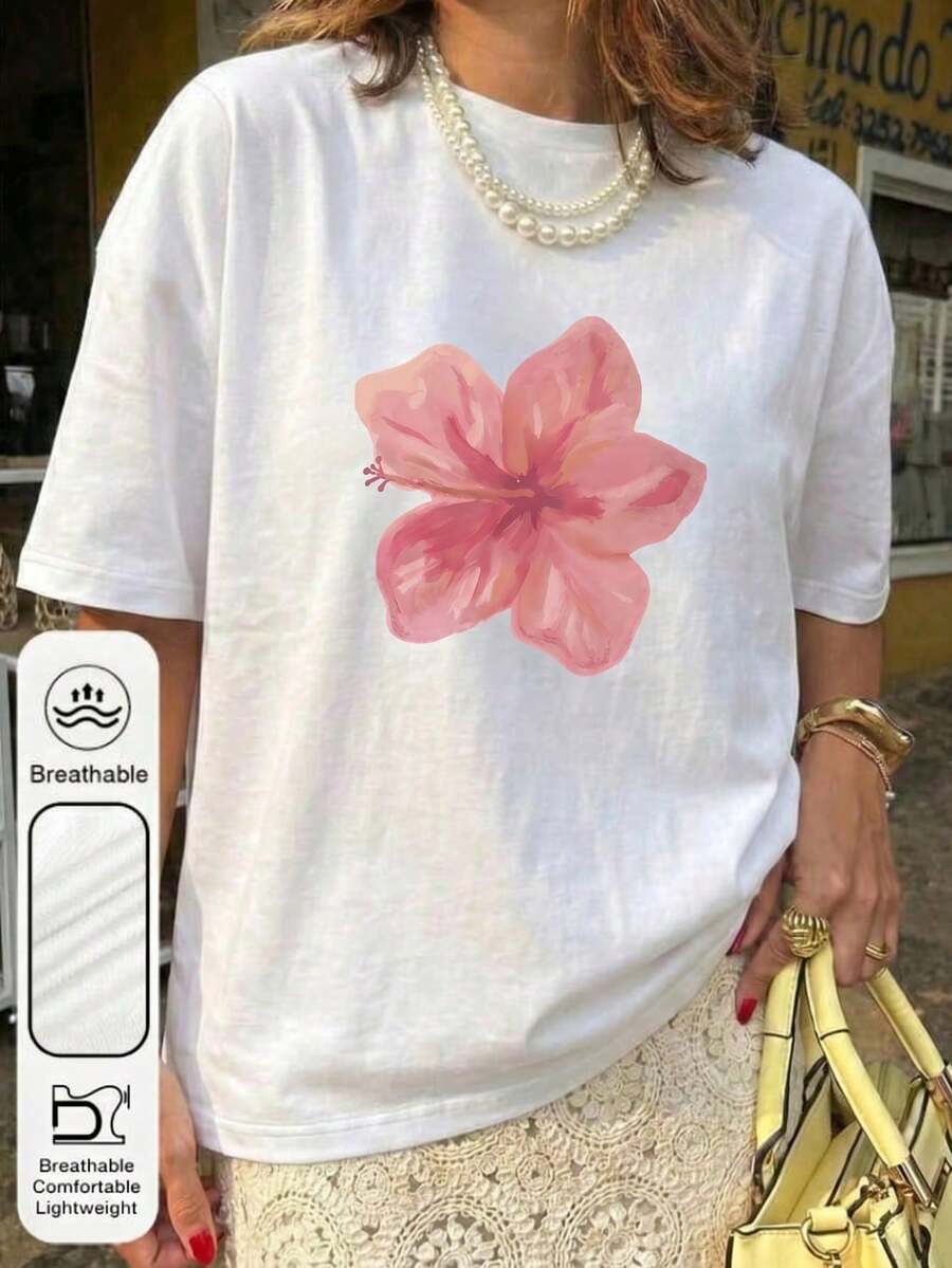 Women's T-Shirts: Loose-Fitting Round Neck T-Shirt With Hibiscus Print In Acid Wash Pink, Suitable For Summer, Beach And Casual Holidays. Women's Tops. Women's Sports T-Shirt. - 白色 - 查看 1