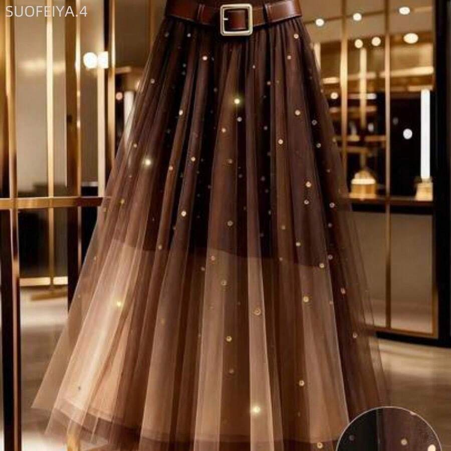 Fengyu Women's Clothing Store Falda de línea A de tul y lentejuelas elegante para mujer, versátil para el trayecto diario, estilo callejero francés, vintage, fiesta, Navidad, Año Nuevo, negocios, degradado marrón, adecuada para primavera, verano, otoño, invierno - Multicolor - Ver 1