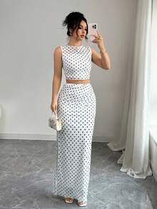 2 piezas Conjunto de top corto sin mangas y falda con estampado de lunares elegante de malla para mujer - Blanco - Ver 1
