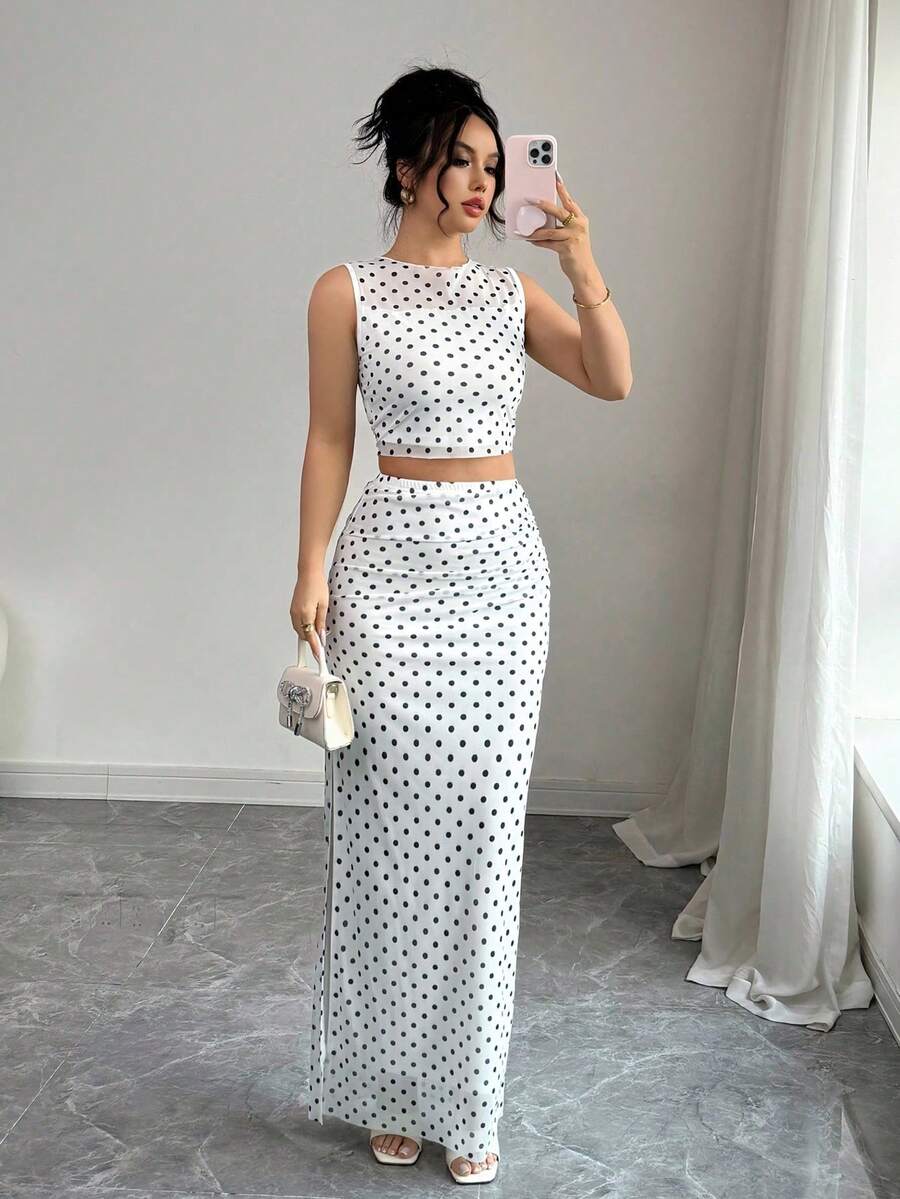 2 piezas Conjunto de top corto sin mangas y falda con estampado de lunares elegante de malla para mujer - Blanco - Ver 1
