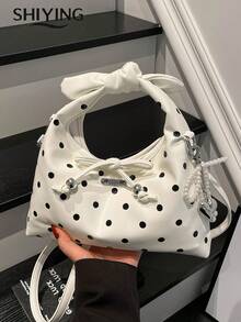 Fashion Polka Dot Handbag, Women's Multifunctional Shoulder Crossbody Bag, Vintage Bow Decor Drawstring Half Moon Bag - White - View 3