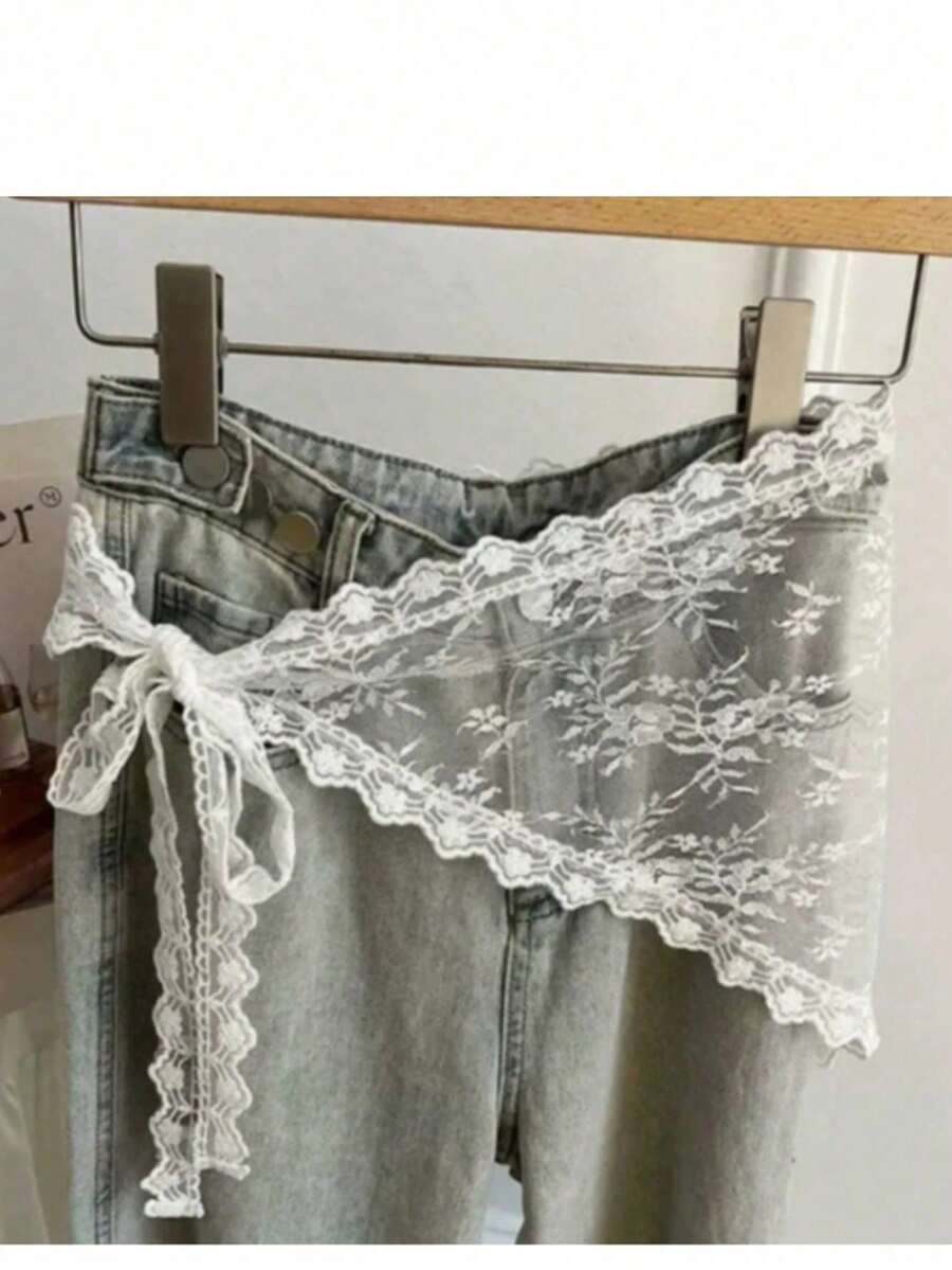 1件白色蕾絲三角圍巾,時尚蕾絲三角圍巾腰部綁帶圍裙,女款春夏季時尚綁帶裝飾,適合純淨風迷你裙 - 白色 - 查看 1