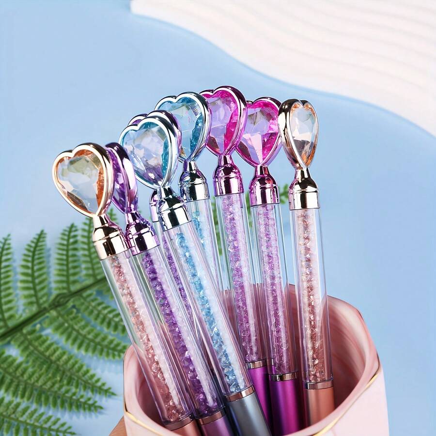 1/3/5/10 Imitation Metal Rod Diamond Heart-Shaped Circular Ballpoint Pens, Colored Imitation Metal Rods, Crystal Quicksand Broken Diamond Pens, Crystal Gemstone Ballpoint Pens, 0.7mm Blue, Back To School - Ballpoint Pen - View 1