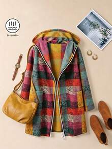 Chaqueta con capucha con cremallera, estampado a cuadros, manga larga, bolsillo, corte asimétrico, estilo de moda casual de calle para mujer en otoño/invierno - Multicolor - Ver 1
