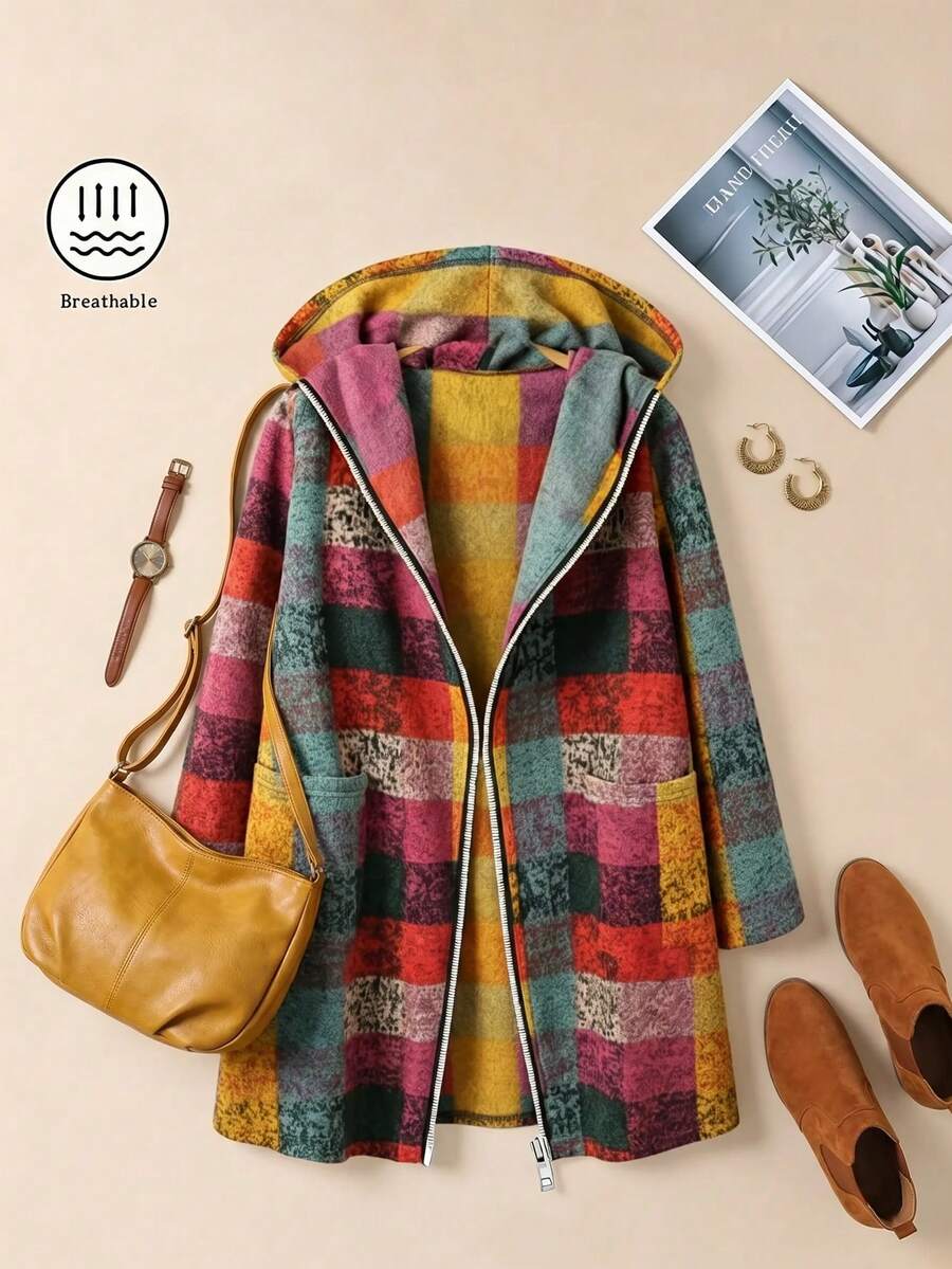 Chaqueta con capucha con cremallera, estampado a cuadros, manga larga, bolsillo, corte asimétrico, estilo de moda casual de calle para mujer en otoño/invierno - Multicolor - Ver 1