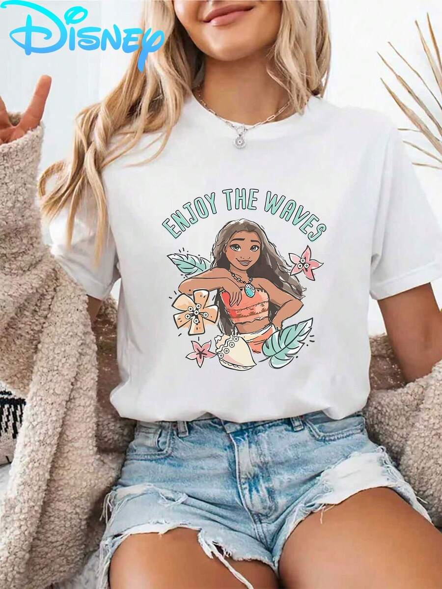 Disney's Moana Of The Seas ENJOY THE WAVES' Printed T-Shirt Island Resort Short Sleeve Crew Neck, Machine Washable, Spring/Summer Comfort, Women's T-Shirt - 白色 - 查看 1