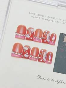 10 piezas de uñas postizas cuadradas hechas a mano, uñas acrílicas cortas rosa con degradado francés DIY, con tachuelas de strass florales 3D, uñas falsas DIY estilo Y2K de verano, pegatinas de uñas, adecuadas para fiesta, uso diario, citas, atuendos de vacaciones tropicales, regalo para mujeres y niñas, suministros de arte de uñas - Rosa - Ver 3