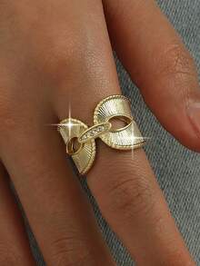 1 pieza Anillo de compromiso de lujo con forma de arco simétrico de circonita cúbica, anillo estilo corte retro con apertura para mujeres, regalo & uso diario, uso en fiestas y banquetes - Amarillo Oro - Ver 5