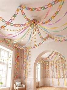 1 Set Macaron Color Birthday Party Decoration Kit - 197ft Crepe Paper Ribbon And 100 Paper Strips (For Making Chains) - 20ft Double-Sided Gold Star Garland Backdrop, Suitable For Birthday, Wedding, Macaron Theme Party Decoration And DIY Crafts - Macarons - View 8