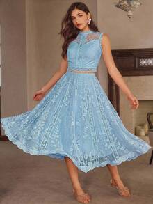 Simplee Women's Autumn New Elegant Lace Top And Skirt Set, Stand Collar Lace Patchwork Design, Suitable For Wedding Guest, Garden Party, Birthday Party, Date Wear - Blue - View 5