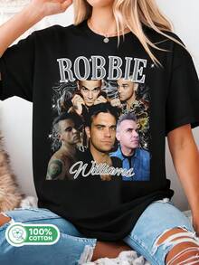 Unisex, Pop Music-Inspired, Retro-Style Graphic Cotton T-Shirt By Robbies Williams. - 黑色 - 查看 1