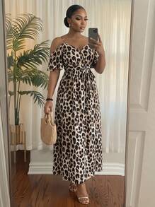SHEIN Lady CURVE Plus Size Women's Leopard Print Simple Daily Wear Dress,Beach Dress Sundress,Holiday Outfits Boho - Multicolor - View 4