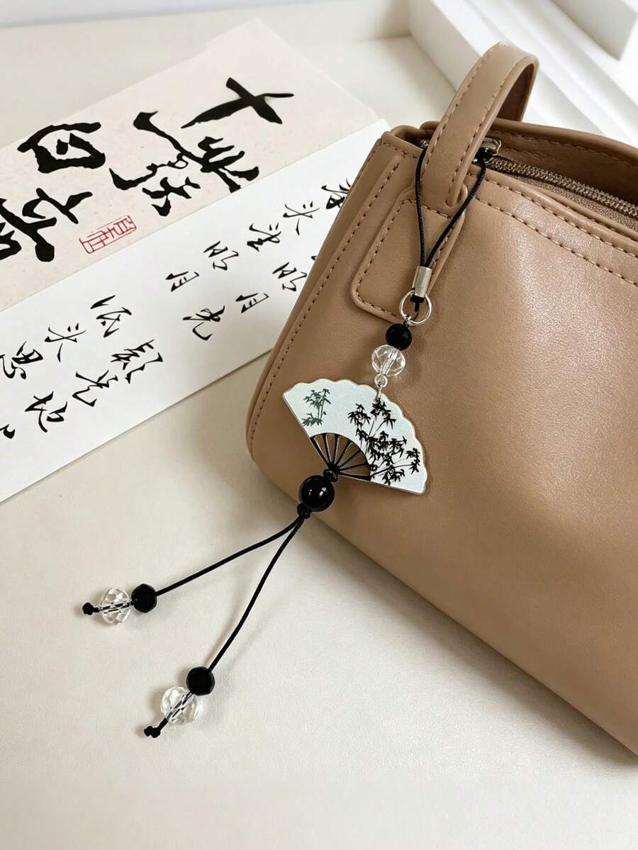 1pc Elegant Chinese Style Fan-Shaped Phone Lanyard - Retro Ink Painting Pattern Design, Fashionable Anti-Lost Aesthetic, Stylish Phone Pendant, Durable Phone Strap - Multicolor - View 1