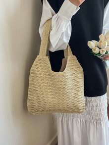 Large Capacity Woven Tote Bag For Women - Beige - View 3