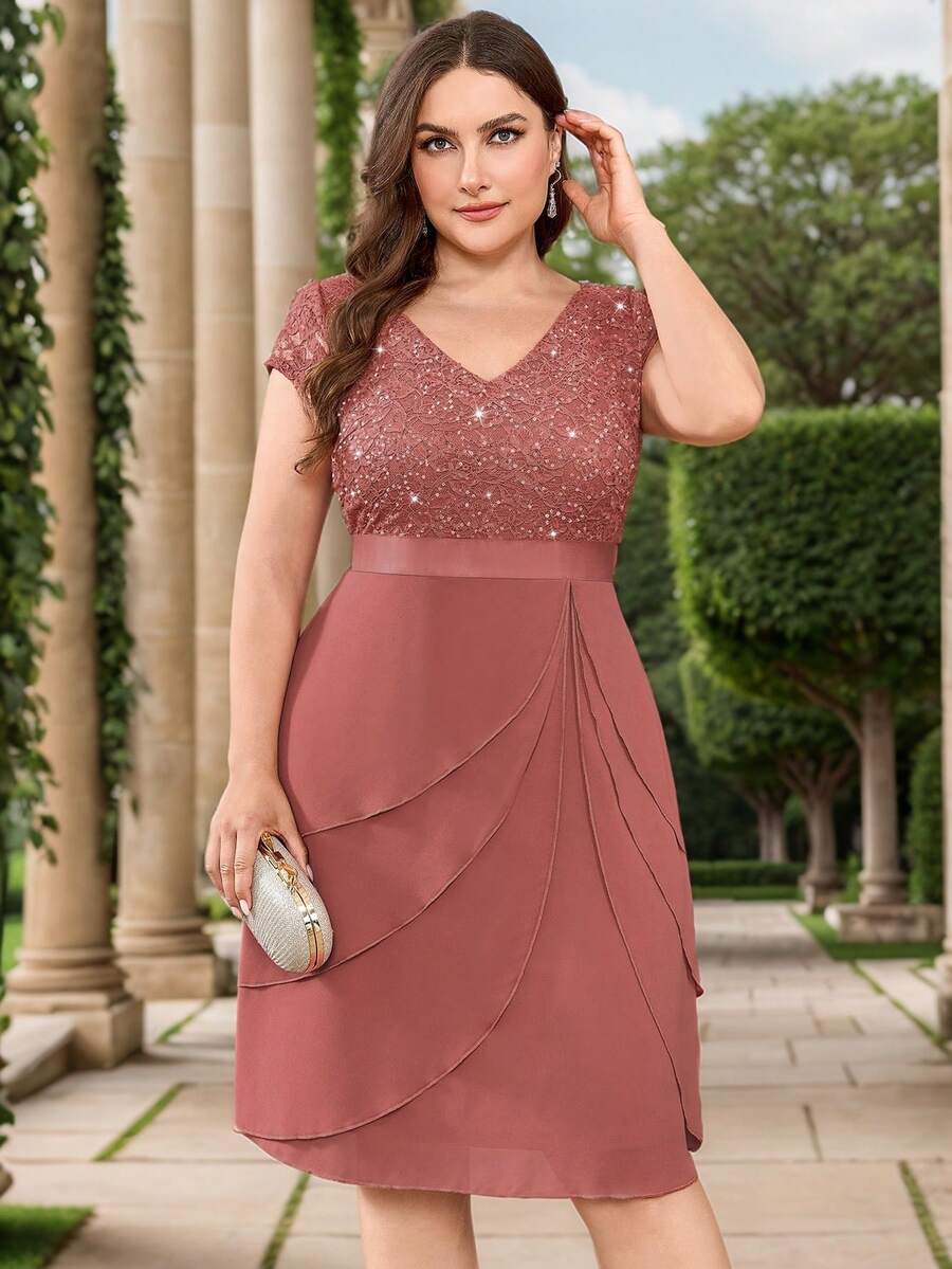 Plus Size Sequin Lace V-Neck Contrast Color Ruffle Trim Chiffon Hem Cocktail Dress, Wedding Guest Dress, Homecoming Dance Elegant Summer