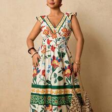 guang zhou mi qian shang mao  Vestido largo de mujer talla grande con estampado floral tropical, cuello en V, mangas con volantes, cintura ceñida y falda en línea A, vestido romántico para vacaciones en primavera temprana - Negro01 - Ver 8