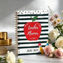 1 Peça Caderno Planejador de Professor A5 Volta às Aulas 2026-2027 - Encadernação em Espiral, Caderno Espiral com Estampa de Maçã Vermelha - Notas, Registros de Frequência, Calendário, Planejador Feliz, Presente para Educador, Formatura, Lembrança de Aniversário ou Diário e Bloco de Notas Doméstico, Design de Ilustração Divertida - A5 - Visão 3