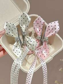 4 Pcs/2 Pcs Women's 5.5 Cm/2.17 Inch Korean Style Polka Dot Bow Ribbon Rhinestone Hair Clip Elegant Side Braided Duckbill Hair Accessory Suitable For Daily, Casual, Party, Work, Vacation, Makeup, Outfit Matching, Spring Hair Clip, Summer Hair Clip, Autumn Hair Clip, Winter Hair Clip,Hair Claws - Multicolor - View 4
