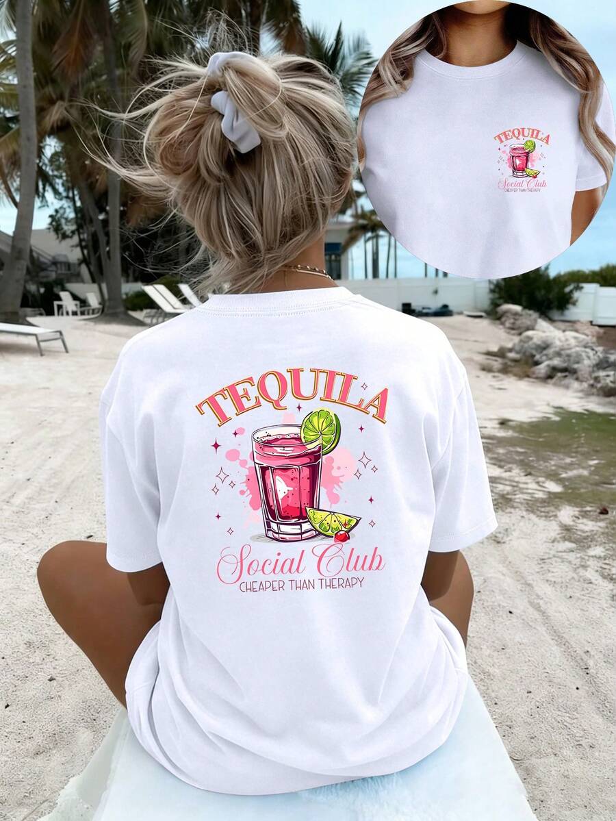 Stylish And Fashionable Women's T-Shirt With Agave And Lime Print, Premium Resort Style, Casual Short-Sleeved Top, Versatile, Simple And Comfortable, New Women's Sports T-Shirt, Summer Clothing. - 白色 - 查看 1