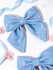 2pcs Blue Fabric Bow Hair Clips, Suitable For Girls, Floral Print Hair Clips, Holiday Accessories, Fashionable Hair Clips For Girls And Teens, Great For Spring/Summer Party Gifts - Multicolor - View 4