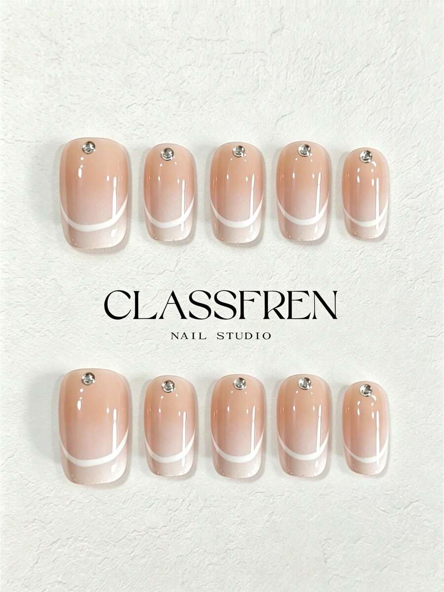 CLASSFREN 手工壓接式假指甲,裸粉漸層搭配細白法式線條與水鑽飾,10片短款與中長款方形及中長款杏仁形,可重複使用高光澤壓克力假指甲,適合女性日常與辦公穿搭 - 彩色 - 查看 1