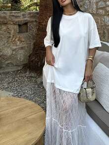 Conjunto Mujer Negro de 2 Piezas con Encaje Floral Falda Maxi y Top Sexy Ligero Verano Elegante - Blanco - Ver 3
