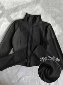 Chaqueta ligera con estampado de eslogan de carreras de color block para mujer, chaqueta deportiva casual de moda con cremallera, ajuste delgado de manga larga, adecuada para deportes al aire libre, viajes, regalo - Negro - Ver 1