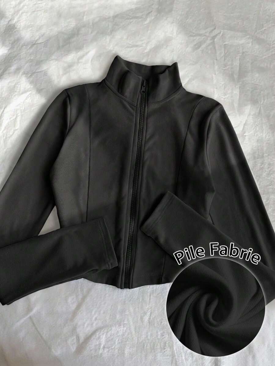 Chaqueta ligera con estampado de eslogan de carreras de color block para mujer, chaqueta deportiva casual de moda con cremallera, ajuste delgado de manga larga, adecuada para deportes al aire libre, viajes, regalo - Negro - Ver 1