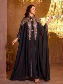 Women's Fashion Party & Banquet Long Sleeve Applique Waist Belt Sequin Patchwork Evening Dress Black - Black - View 6