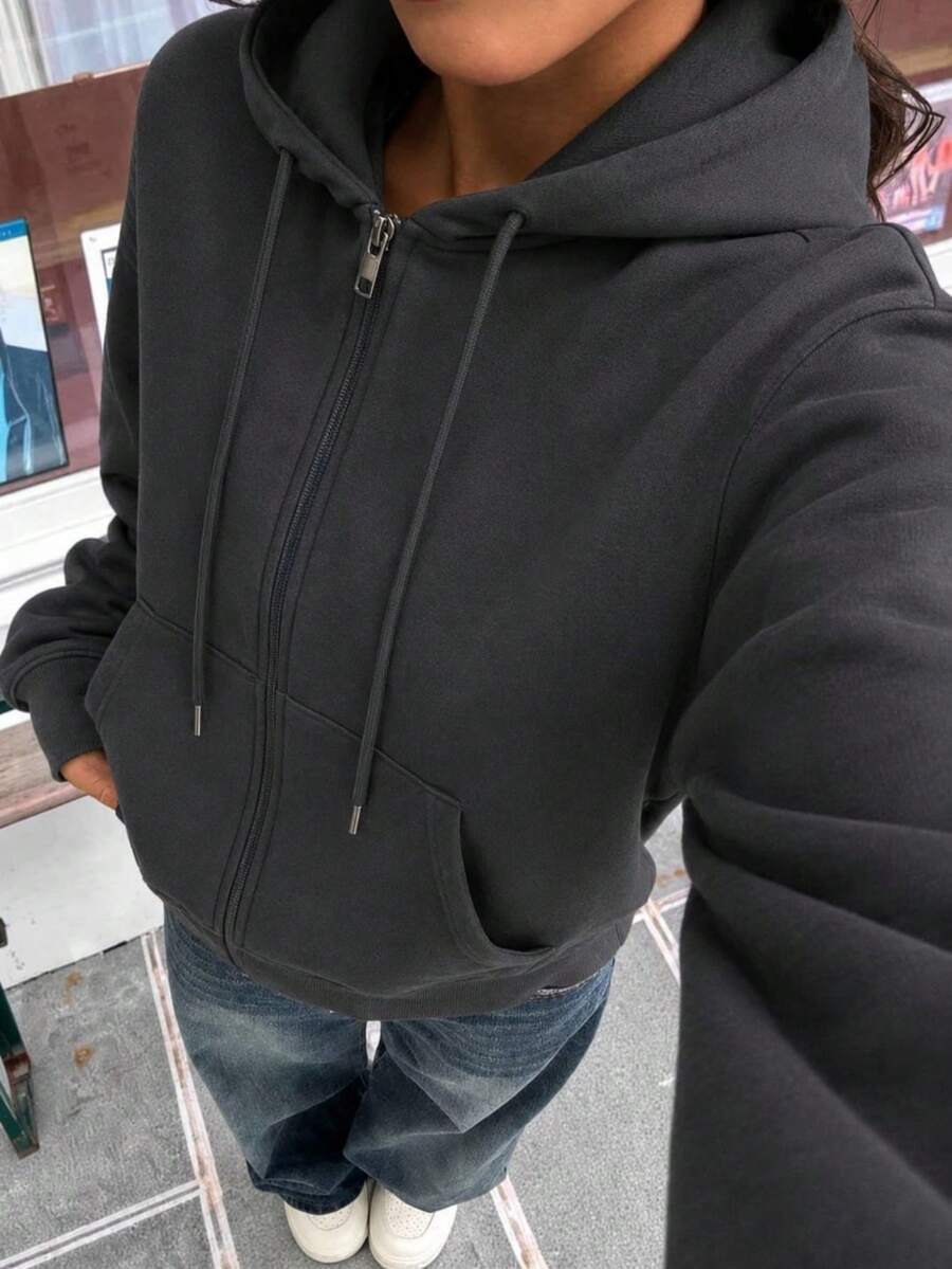 SHEI Women's Zip-Up Sweatshirt With Long Sleeves And Pocket, Casual Minimalist Style, Ideal For Graduation, Back To School, Teacher's Clothing, Fall/Winter Back To School - 深灰色 - 查看 1