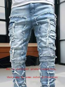 Quần Jeans Nam Thời Trang Đường Phố Sáng Tạo Nhiều Lớp Tua Rua Phong Cách Emo - Rửa trung bình - Xem 5