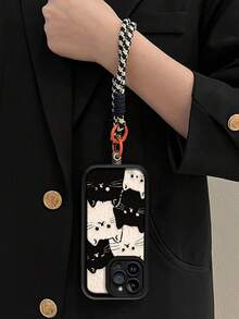 1 pieza Funda de teléfono con diseño de gato negro y gato blanco pintado con UV, linda y de moda, con cordón trenzado negro y blanco, borde elevado a prueba de golpes, compatible con Ip17 16 15 14 13, S26 S25 S24, Honor 400Lite 200Pro Honor A5 X9 X8 X6 9x, Smart6/7/8/9/10, 14T Xiaomi15T Pro - Ch negro - Ver 3