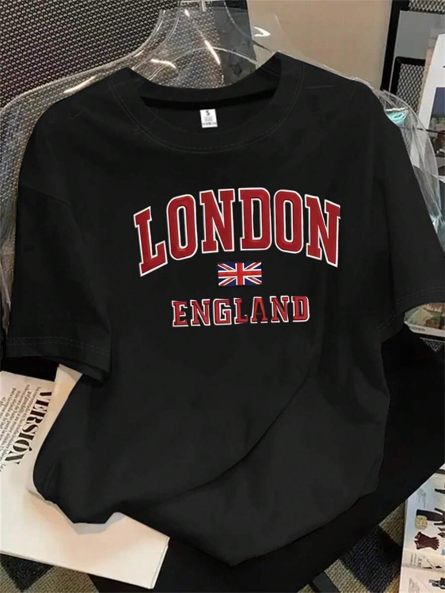 Camiseta de mujer de manga corta y cuello redondo con estampado del logo de Londres, ideal para todas las estaciones. - Negro - Ver 1