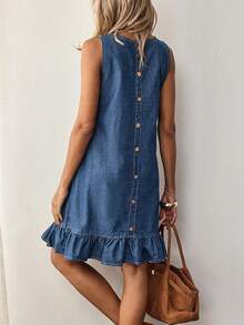 New Denim Button Loose Comfortable Fashionable Versatile Dress - Blue - View 1