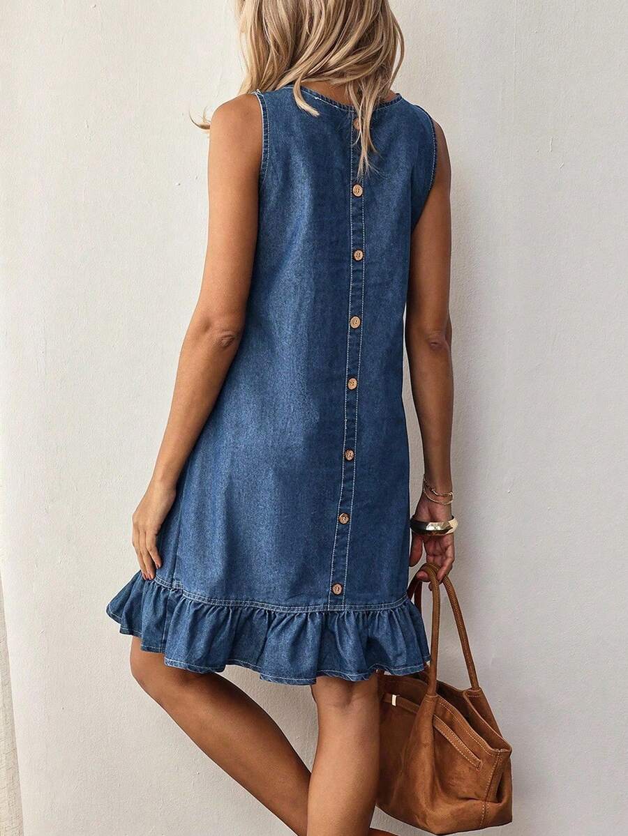 New Denim Button Loose Comfortable Fashionable Versatile Dress - Blue - View 1
