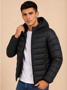 Men's Black Puffer Jacket With Hood, Lightweight And Warm Padded Puffer Jacket, Casual Winter Coat For Everyday Wear - màu đen - Xem 7