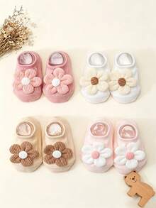 4 Pairs Baby Girl Floral Decor Cotton Short Socks, All-Season Indoor Floor Socks For Baby Girls, Suitable For Full Moon, First Birthday, Holiday Photos, Birthday Parties, Perfect As Gifts - Multicolor - View 6