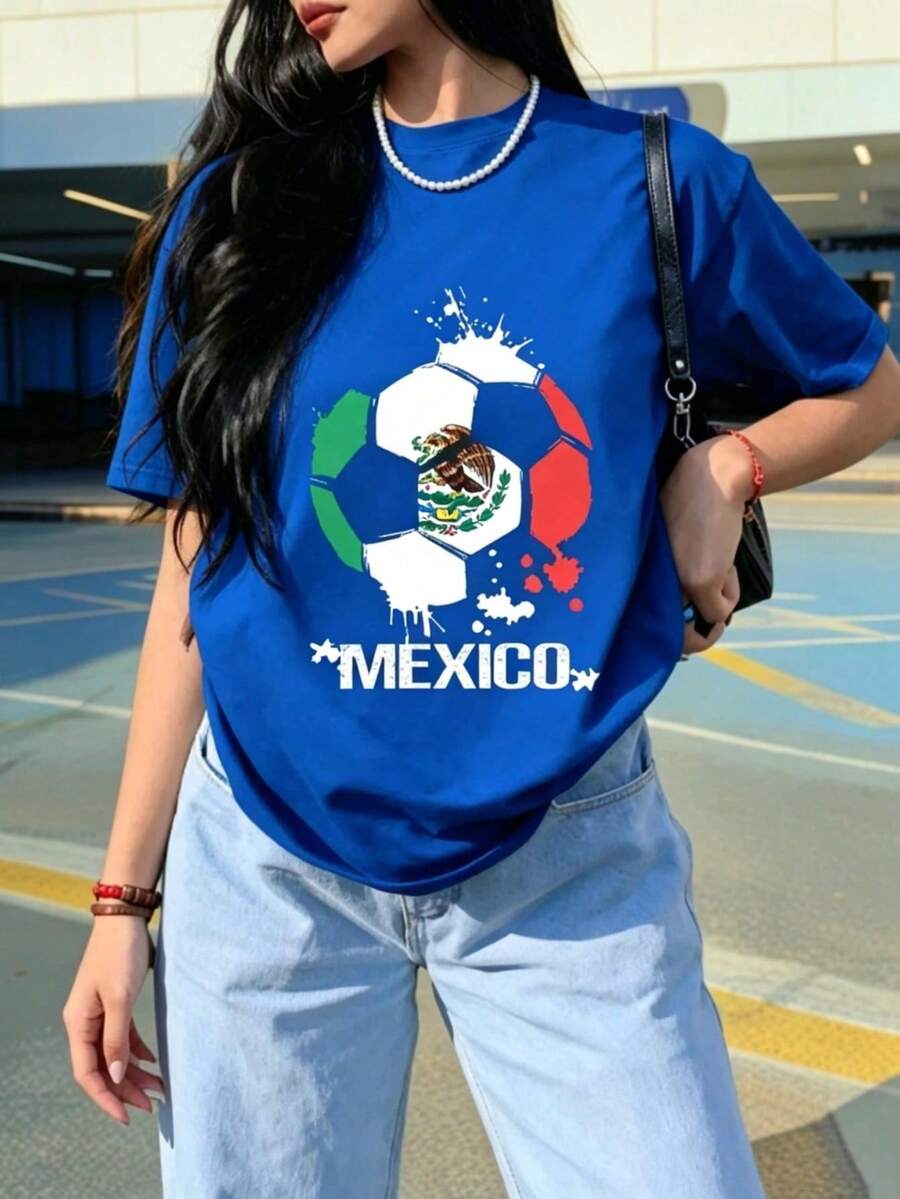 Camiseta Negra Mujer con Estampado de Balón y Bandera de México, Manga Corta Casual Oversize de Algodón Suave y Transpirable, Holgada y Cómoda, Ideal para Futbol, Día Patriótico y Uso Diario,Blusas Casuales Para Dama,Blusas Casuales Para Dama - Azul - Ver 1