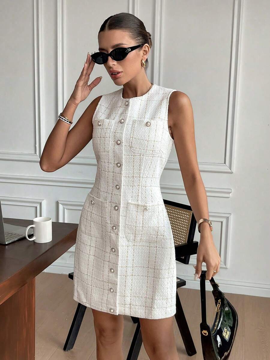 Vestido de tweed con botones de perla elegante para mujer - Multicolor - Ver 1