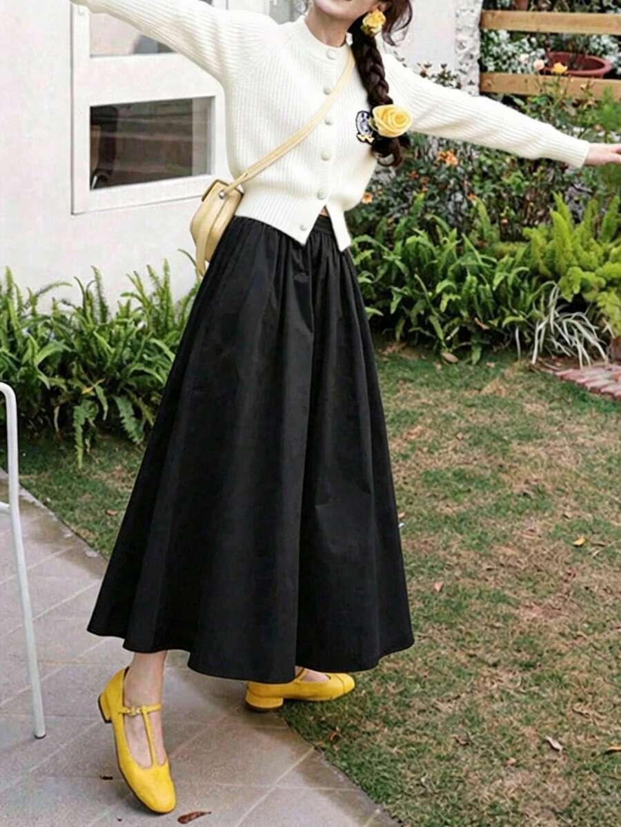 Chân váy chữ A màu trơn phong cách vintage cho nữ, cạp cao, xếp ly, eo thun co giãn, dễ phối đồ, phong cách thường ngày & thanh lịch, màu đen - màu đen - Xem 1
